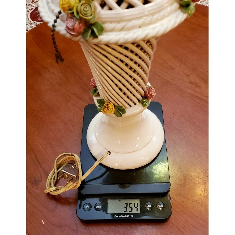 Vintage Capodimonte Table Lamp Red & Yellow Porcelain Heritage Roses Weave Trim‎